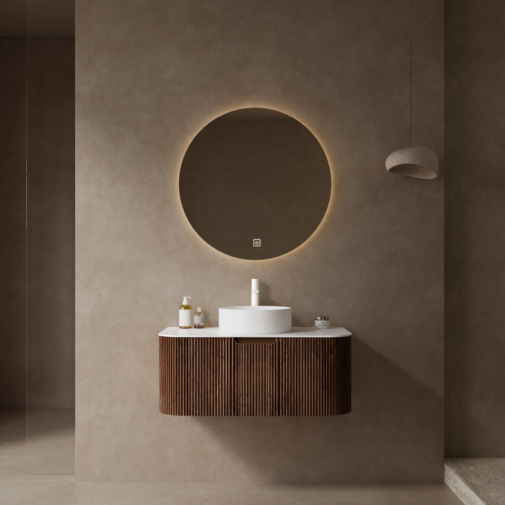 DINA 30" Bathroom Vanity with Sink, Wall-Mounted Floating Curved Edges Striped Bathroom Storage Cabinet with Drawer, White Round Ceramic Basin with Stone Pattern, Pre-assembled, Light Green Color