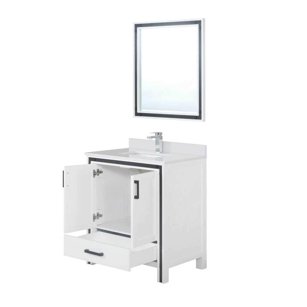White Bath Vanity 30 in. W x 22 in. D, White Quartz Top, Faucet Set and 28 in. Mirror