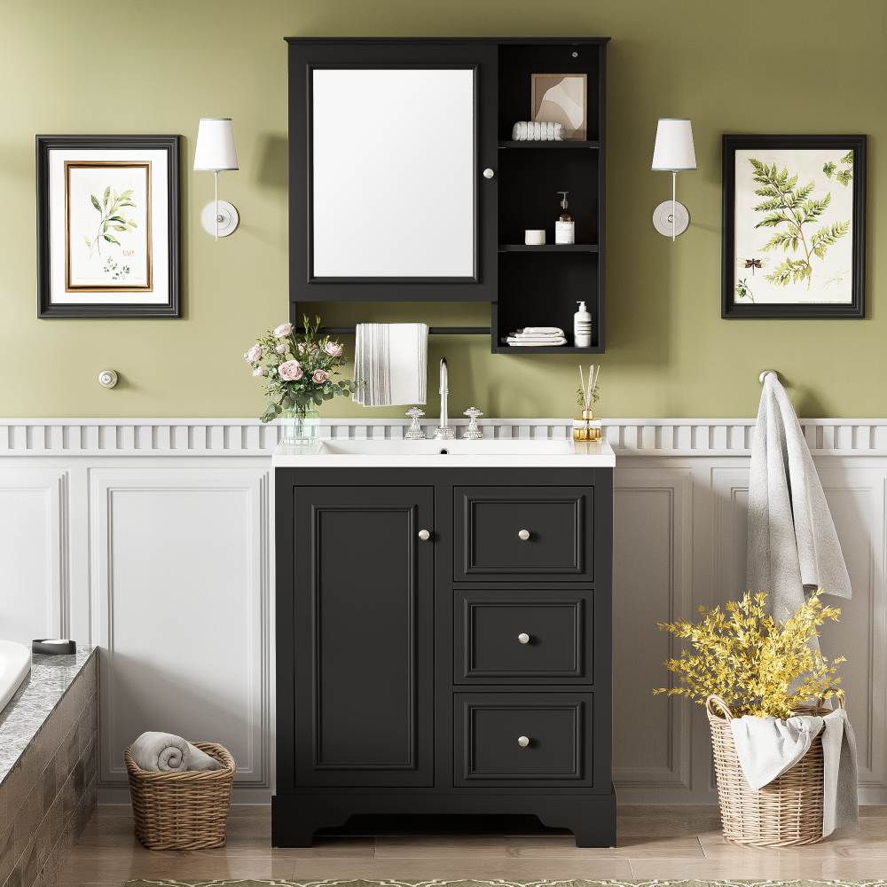 Wall Mounted Bathroom Storage Cabinet, Medicine Cabinets with large mirror door, adjustable shelves and three open storage levels(Not Include Bathroom Vanity )
