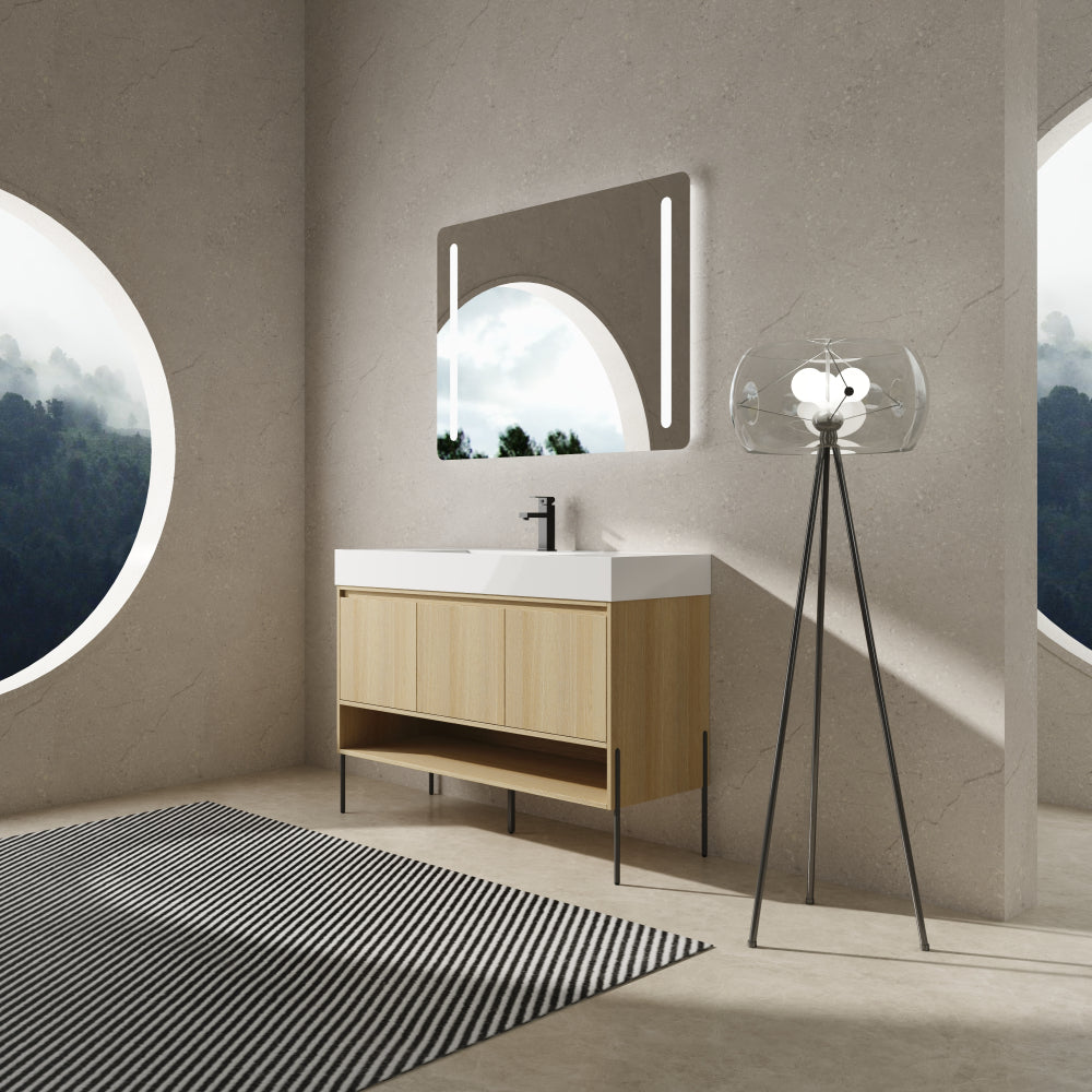 48" Bathroom Vanity Combo w/Single Resin Sink, Modern Storage Cabinet Set 3 Door, Multilayer solid wood, Oak