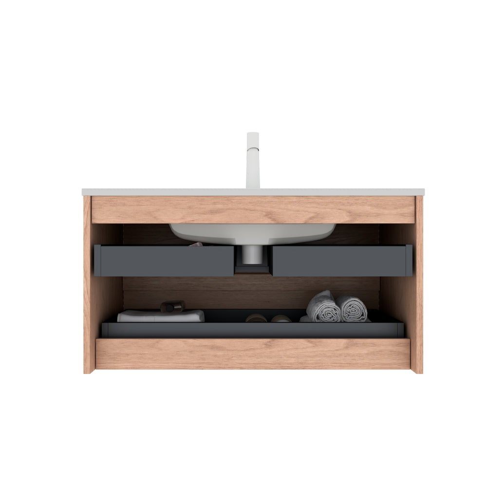 BRON 36" Bathroom Vanity with Sink, Modern Wall-Mounted Floating Plywood Bathroom Cabinet , 2 Drawers, White Ceramic Basin with Sink Hole Cover and Drain, Pre-assembled, Natural Walnut Woodgrain Color