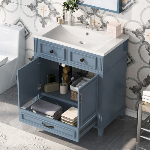 30'' Bathroom Vanity with Resin Sink,Solid Wood Frame Bathroom Storage Cabinet with Soft Closing Doors,Retro Style, Blue