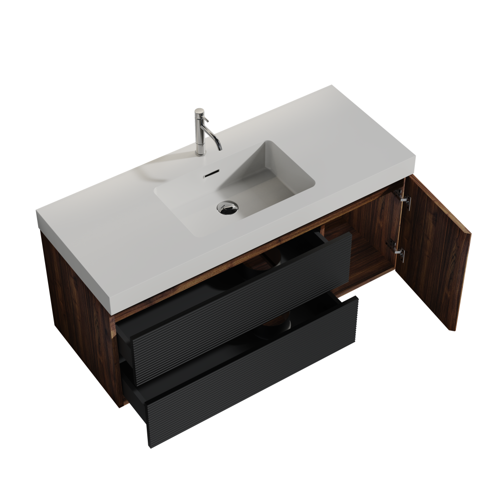Grace 48" Walnut Bathroom Vanity with Glossy White Solid Surface Sink and Soft Black Drawers, Wall Mounted Floating Bathroom Vanity for Modern Bathroom, One-Piece Glossy White Basin, Pre-assembled