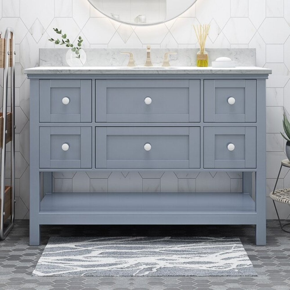 49'' Bathroom Vanity with Marble Top & Ceramic Sink, Open Shelf, 5 Drawers, Gray (Same as N759S999002G)