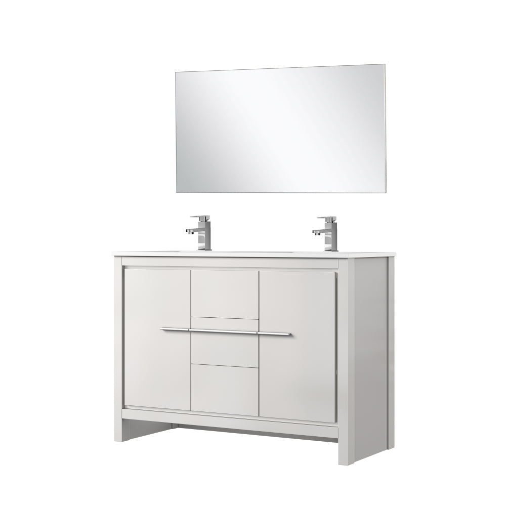 White Double Bath Vanity 48 in. W x 20 in. D, White Quartz Top, Chrome Faucet Set and 43 in. Mirror