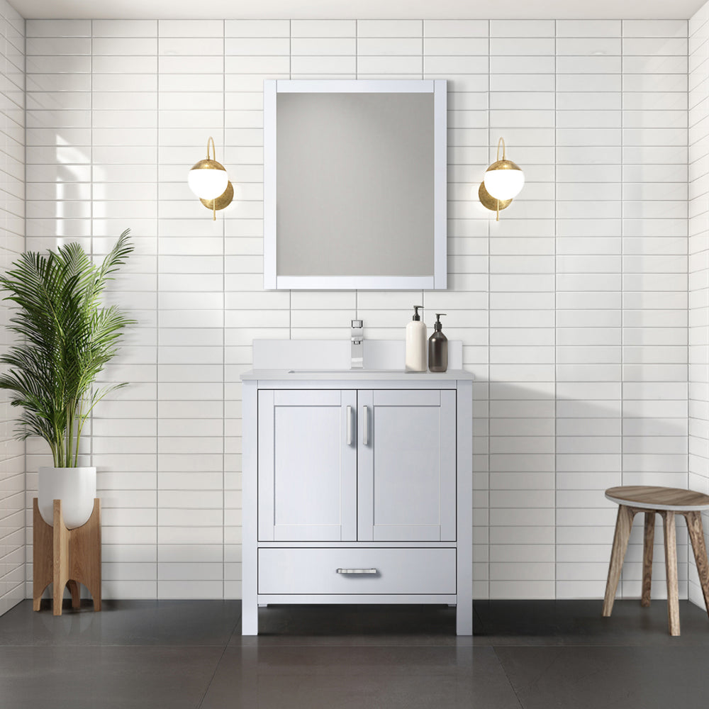 White Bath Vanity 30 in. W x 22 in. D, Cultured Marble Top, Faucet Set, and 28 in. Mirror