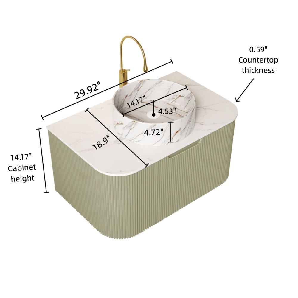 DINA 30" Bathroom Vanity with Sink, Wall-Mounted Floating Curved Edges Striped Bathroom Storage Cabinet with Drawer, White Round Ceramic Basin with Stone Pattern, Pre-assembled, Light Green Color