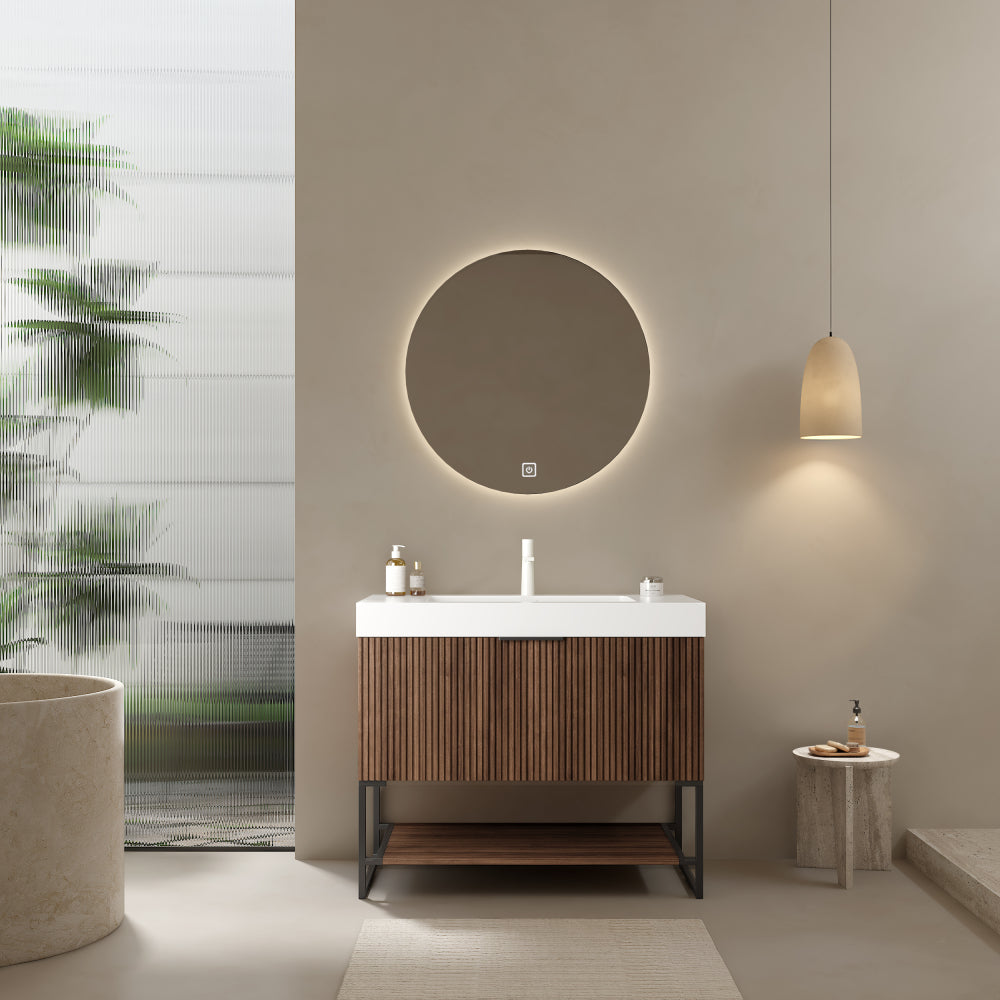 YOLAN 24" Bathroom Vanity with Sink, Freestanding Plywood Striped Storage Cabinet with Drawer and Open Shelf, White Rectangular Integrated Basin without Faucet, Pre-assembled, Light Brown Oak Color