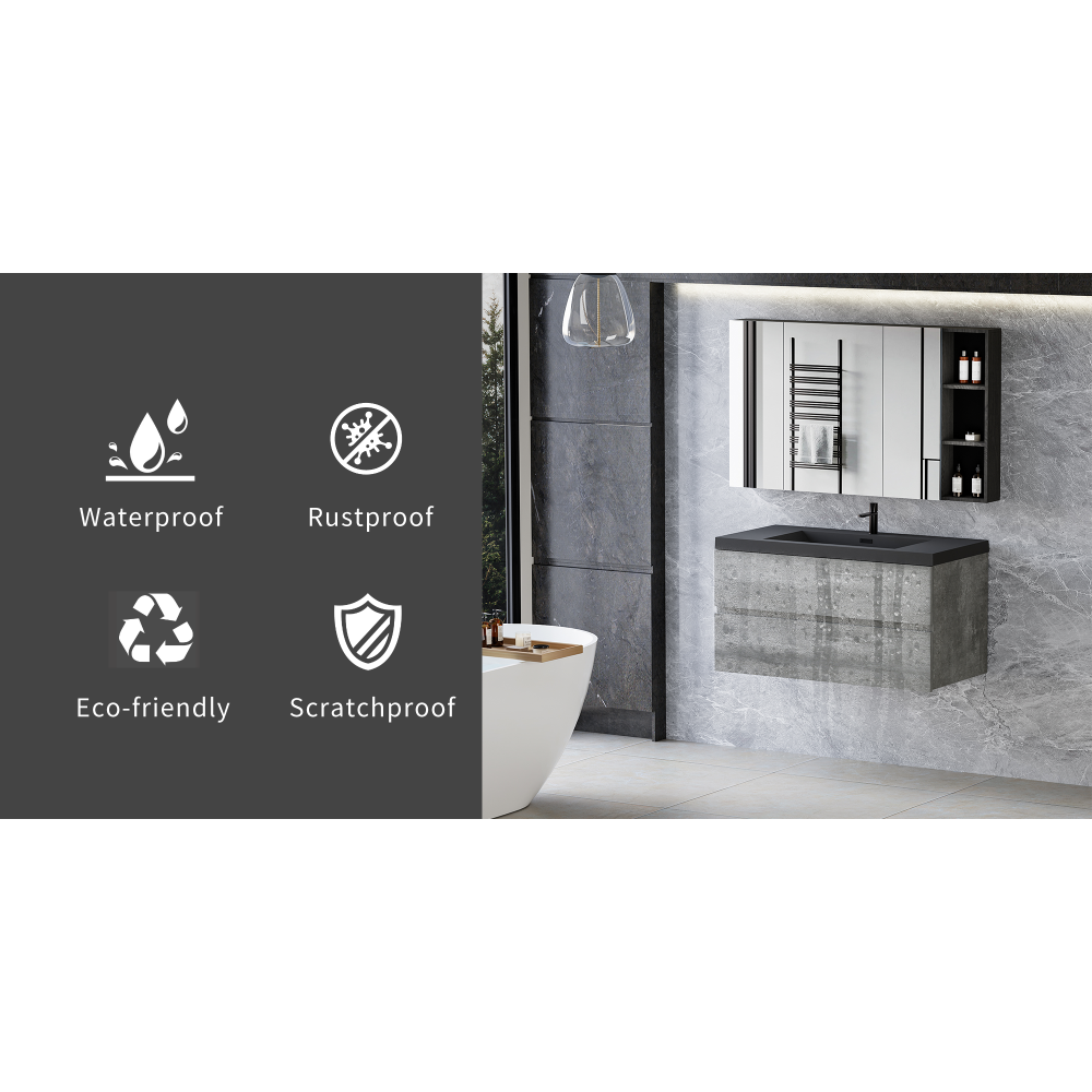 42" Floating Bathroom Vanity with Sink, Modern Wall-Mounted Bathroom Storage Vanity Cabinet with Black Quartz Sand Top Basin and Soft Close Drawers, Grey 24V12-42GR