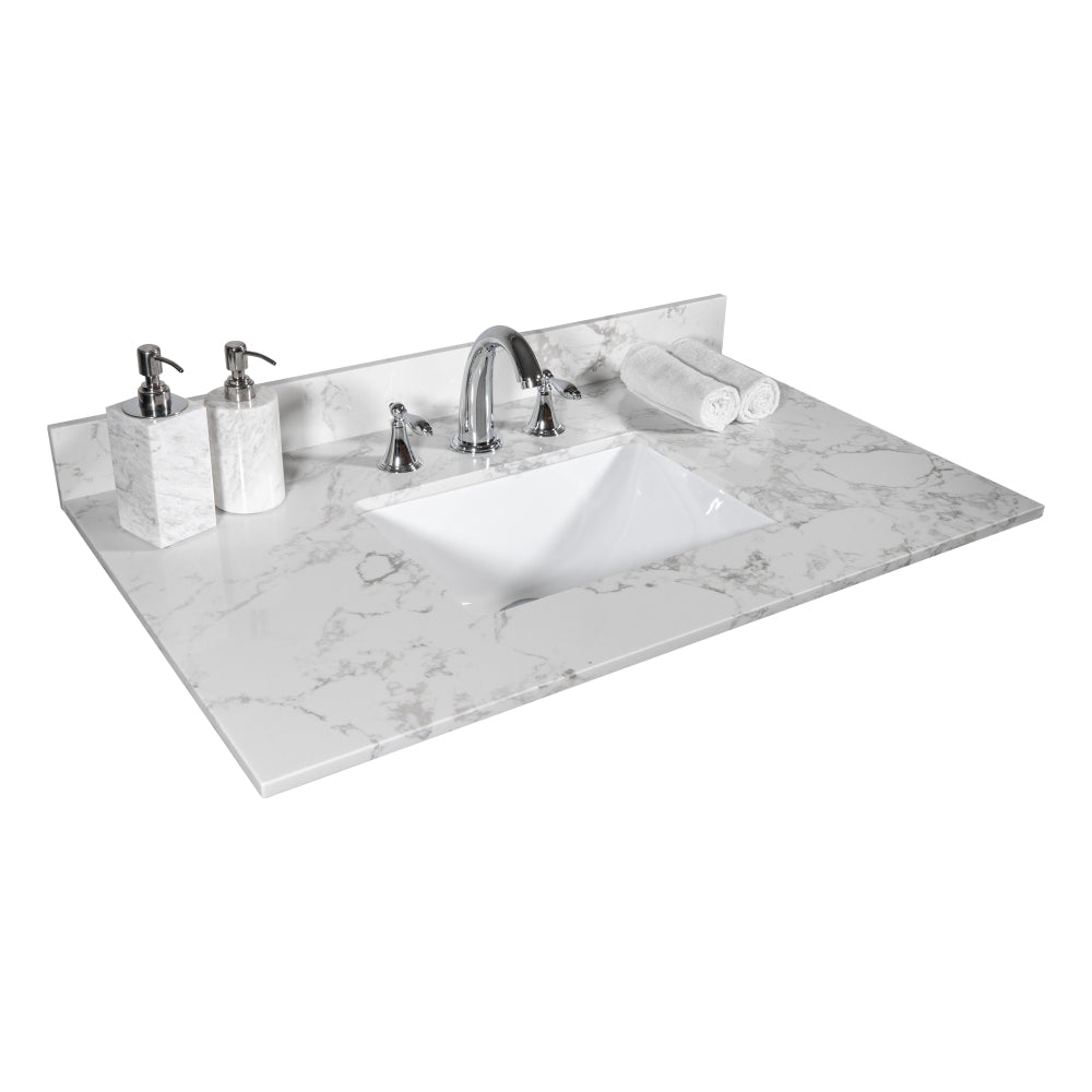 Montary 31inch bathroom vanity top stone carrara white new style tops with rectangle undermount ceramic sink and back splash with 3 faucet hole for bathrom cabinet