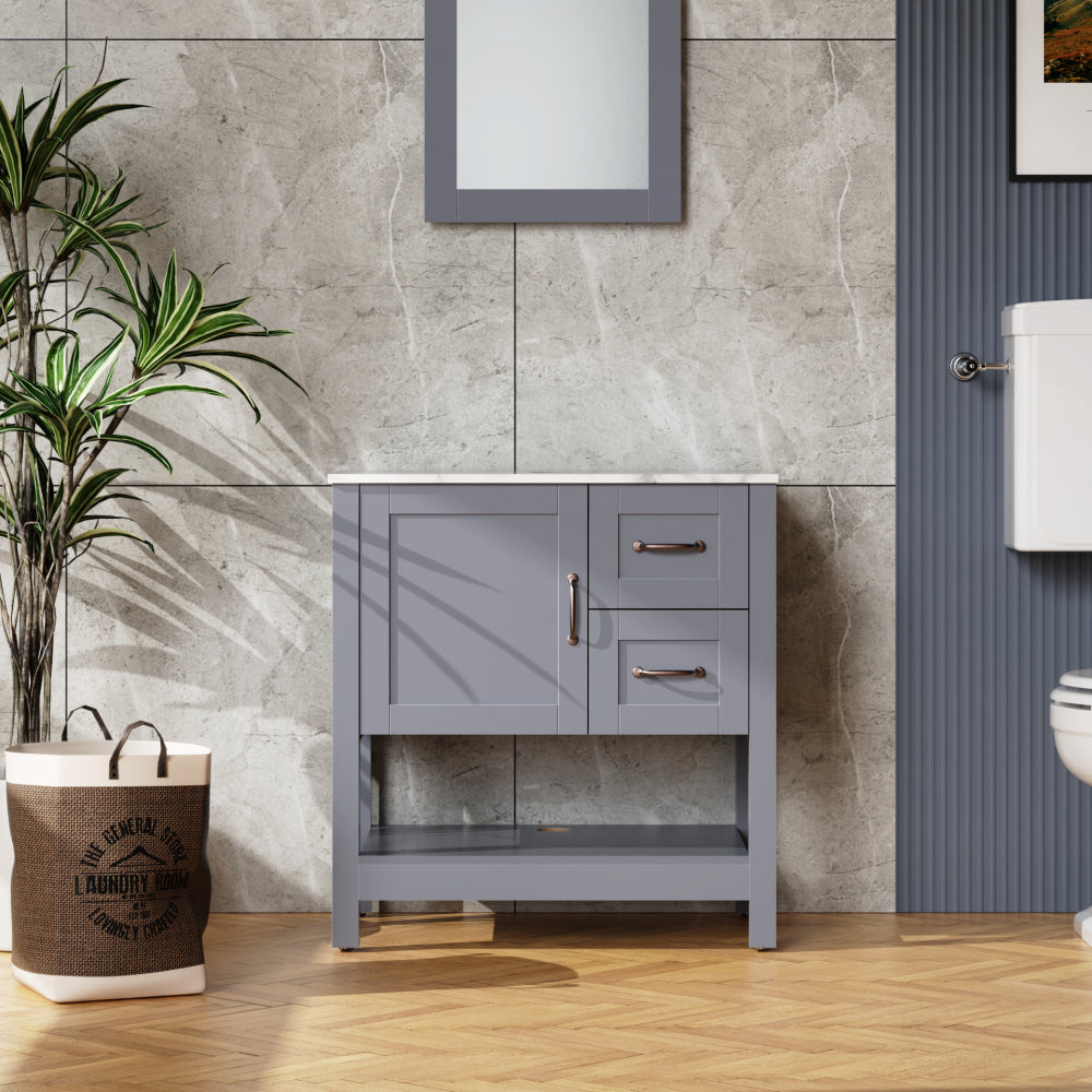30" Gray Bathroom Vanity and Sink Combo Marble Pattern Top w/Mirror Faucet&Drain