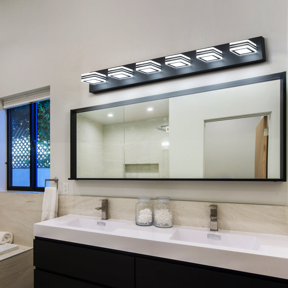 (Same as W1340103888/L2006) 32" Modern Chrome 5-Light LED Vanity Light, Square Acrylic Lampshades Wall Mount Fixture for Bathroom, Mirror Lighting