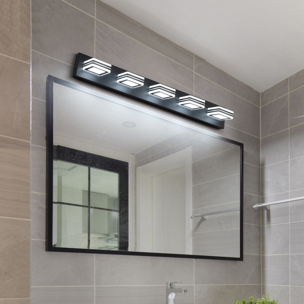 (Same as W1340103888/L2006) 32" Modern Chrome 5-Light LED Vanity Light, Square Acrylic Lampshades Wall Mount Fixture for Bathroom, Mirror Lighting