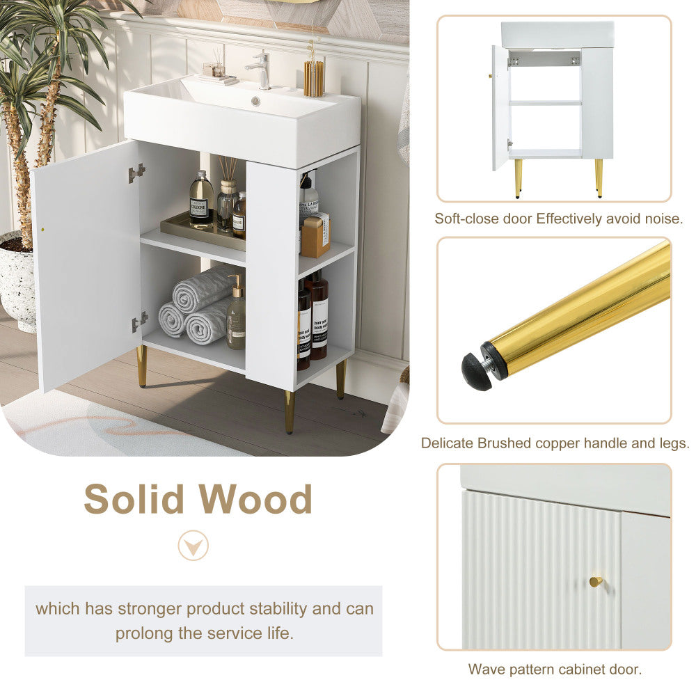 21.6" White Bathroom vanity, Combo Cabinet, Bathroom Storage Cabinet, Single Ceramic Sink, Right Side Storage