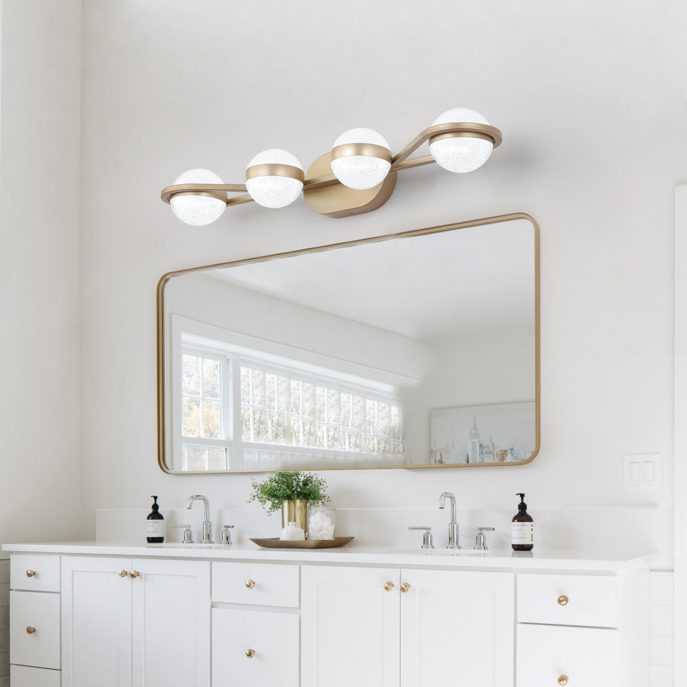 (Same as W134067503/L2001) 28" Golden Minimalist LED Bathroom Vanity Light with Crystal Sand Acrylic Shades, 4-Light Wall Mounted Decorative Lighting Fixture, Suitable for Bathroom Vanity Mirror