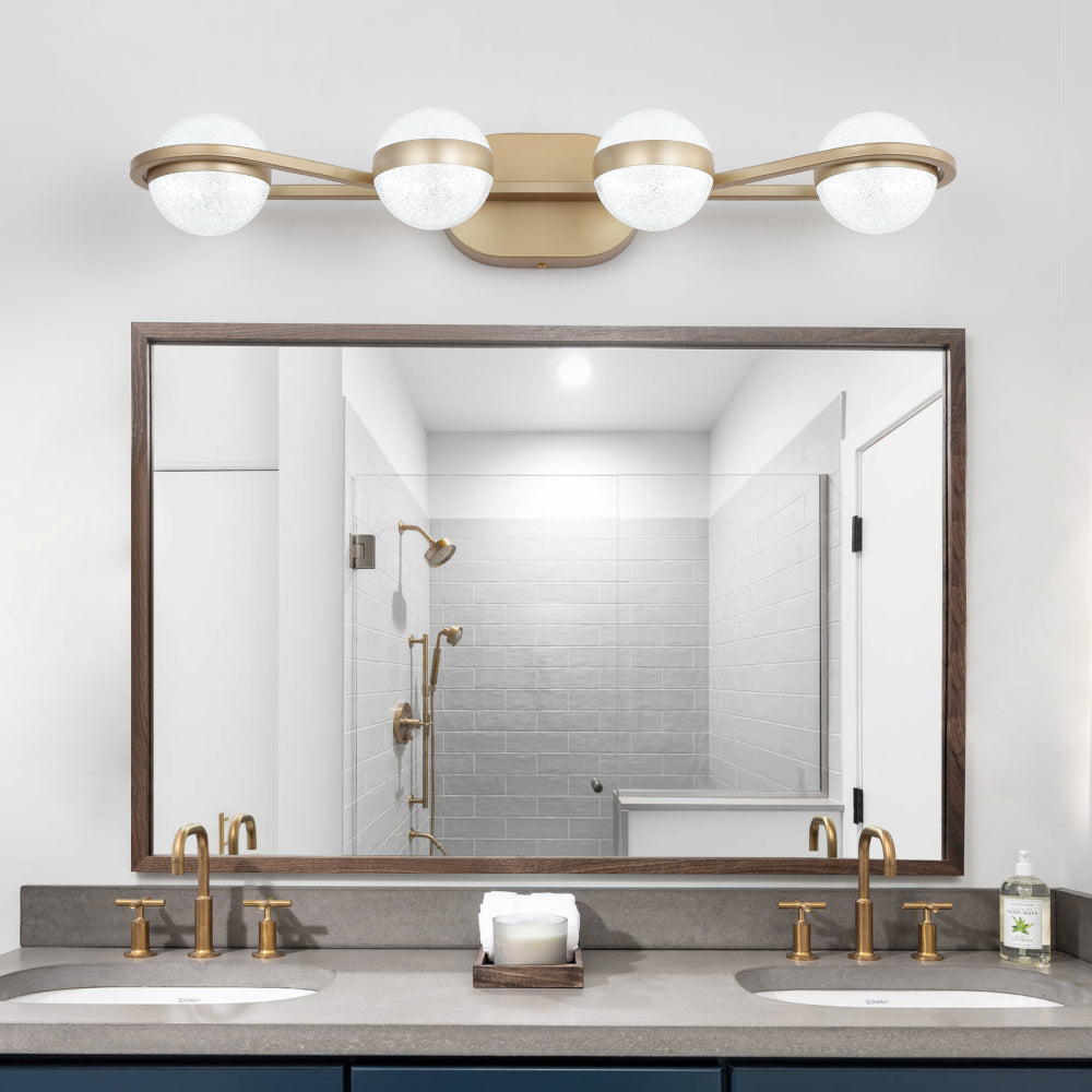 (Same as W134067503/L2001) 28" Golden Minimalist LED Bathroom Vanity Light with Crystal Sand Acrylic Shades, 4-Light Wall Mounted Decorative Lighting Fixture, Suitable for Bathroom Vanity Mirror