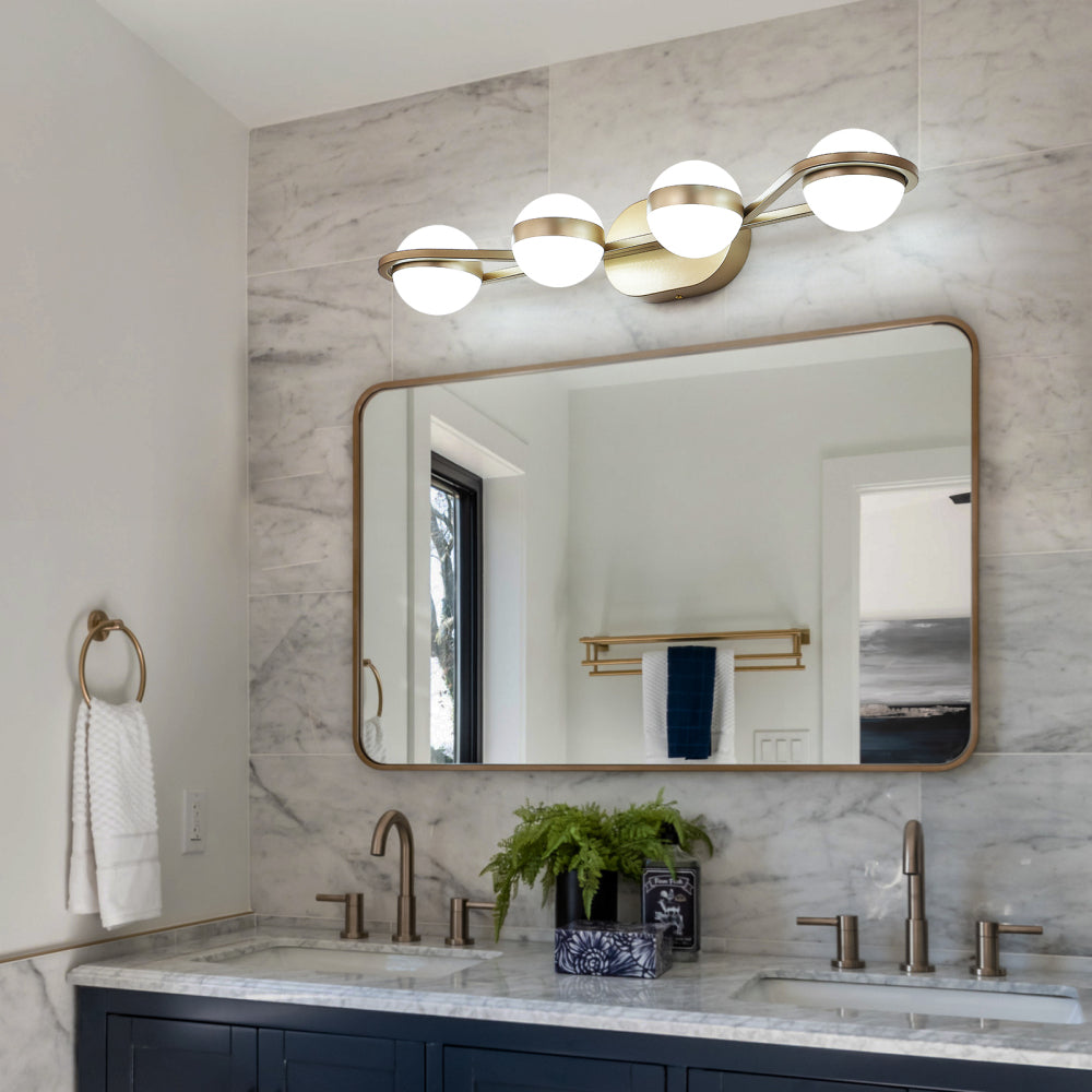 (Same as W134067503/L2001) 28" Golden Minimalist LED Bathroom Vanity Light with Crystal Sand Acrylic Shades, 4-Light Wall Mounted Decorative Lighting Fixture, Suitable for Bathroom Vanity Mirror