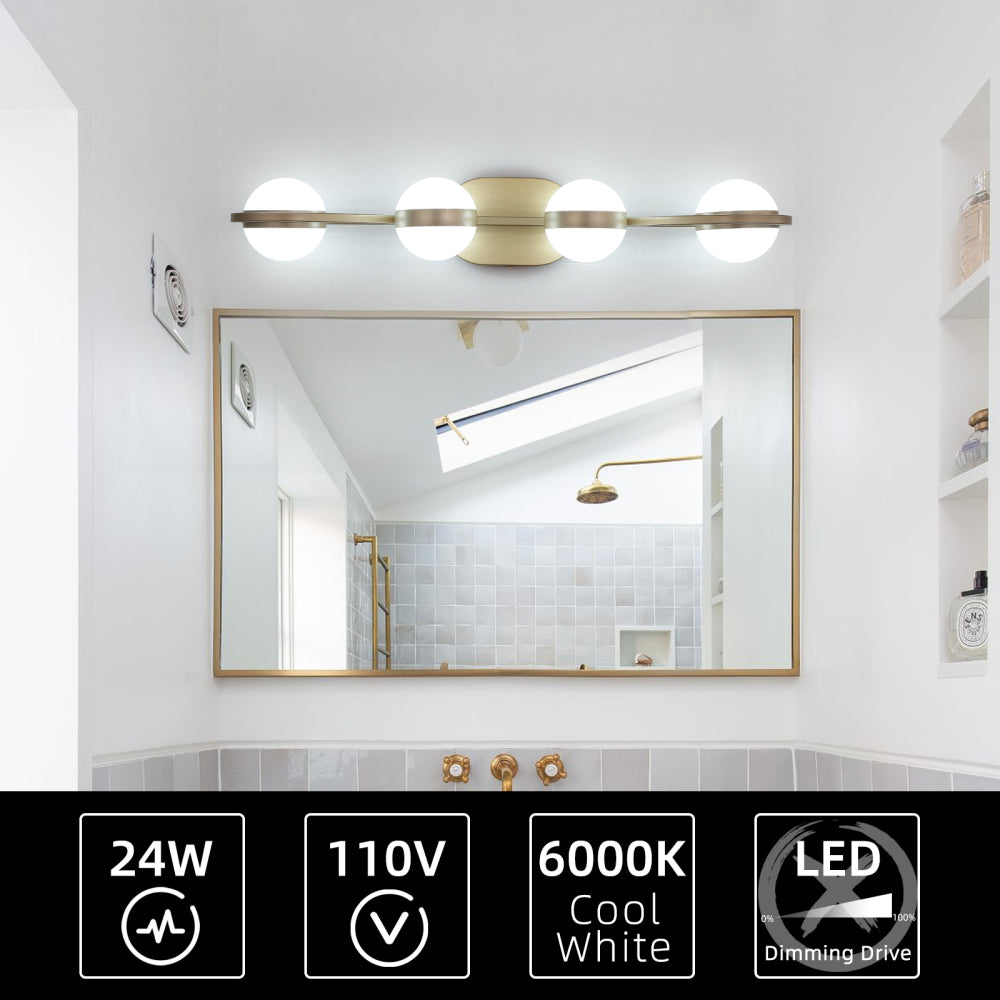 (Same as W134067503/L2001) 28" Golden Minimalist LED Bathroom Vanity Light with Crystal Sand Acrylic Shades, 4-Light Wall Mounted Decorative Lighting Fixture, Suitable for Bathroom Vanity Mirror