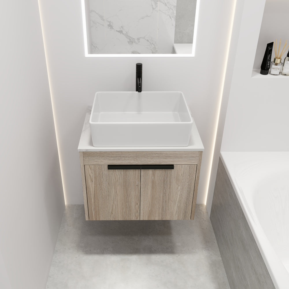 24 " Modern Design Float Bathroom Vanity With Ceramic Basin Set, Wall Mounted White Oak Vanity With Soft Close Door,KD-Packing,KD-Packing,2 Pieces Parcel(TOP-BAB110MOWH)