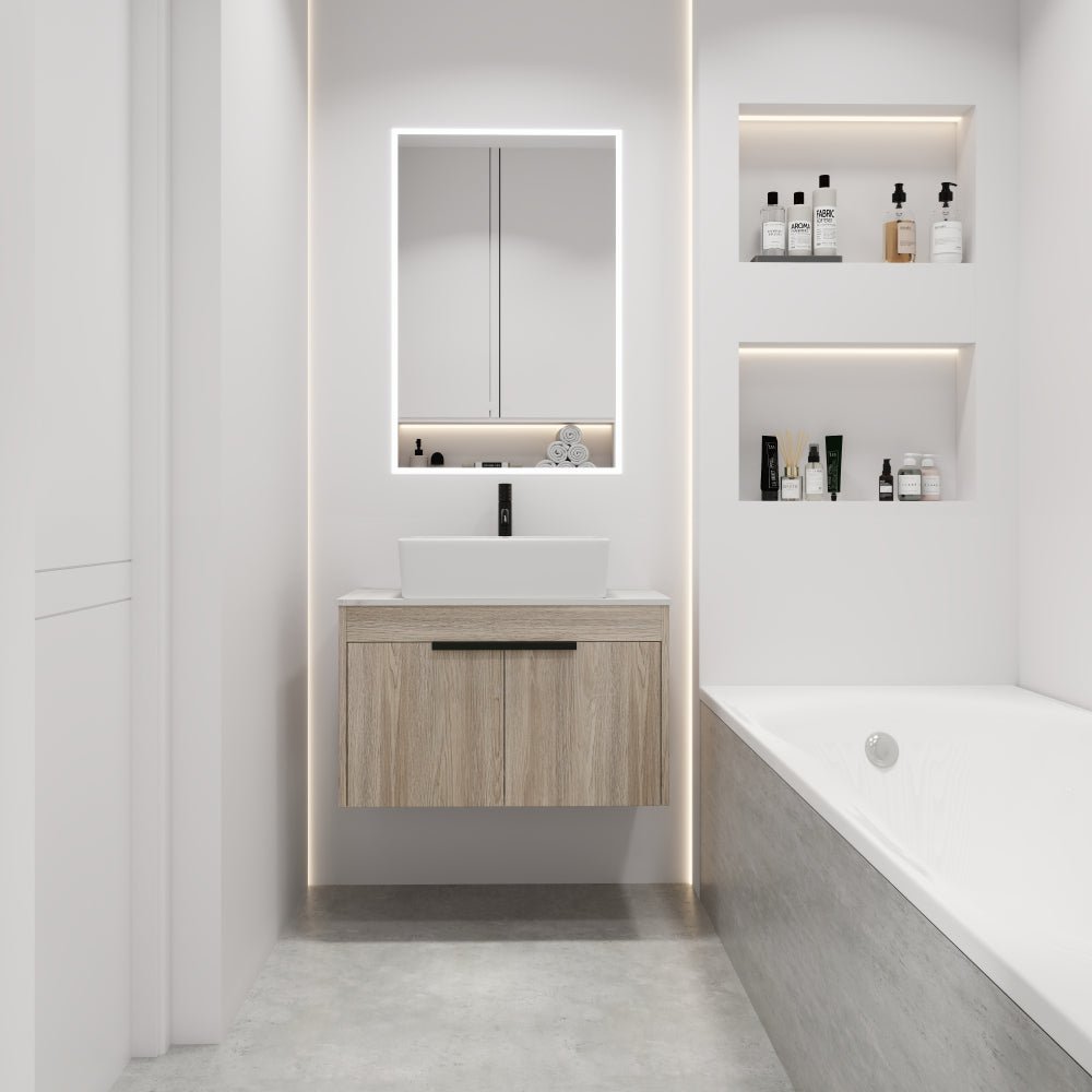 24 " Modern Design Float Bathroom Vanity With Ceramic Basin Set, Wall Mounted White Oak Vanity With Soft Close Door,KD-Packing,KD-Packing,2 Pieces Parcel(TOP-BAB110MOWH)