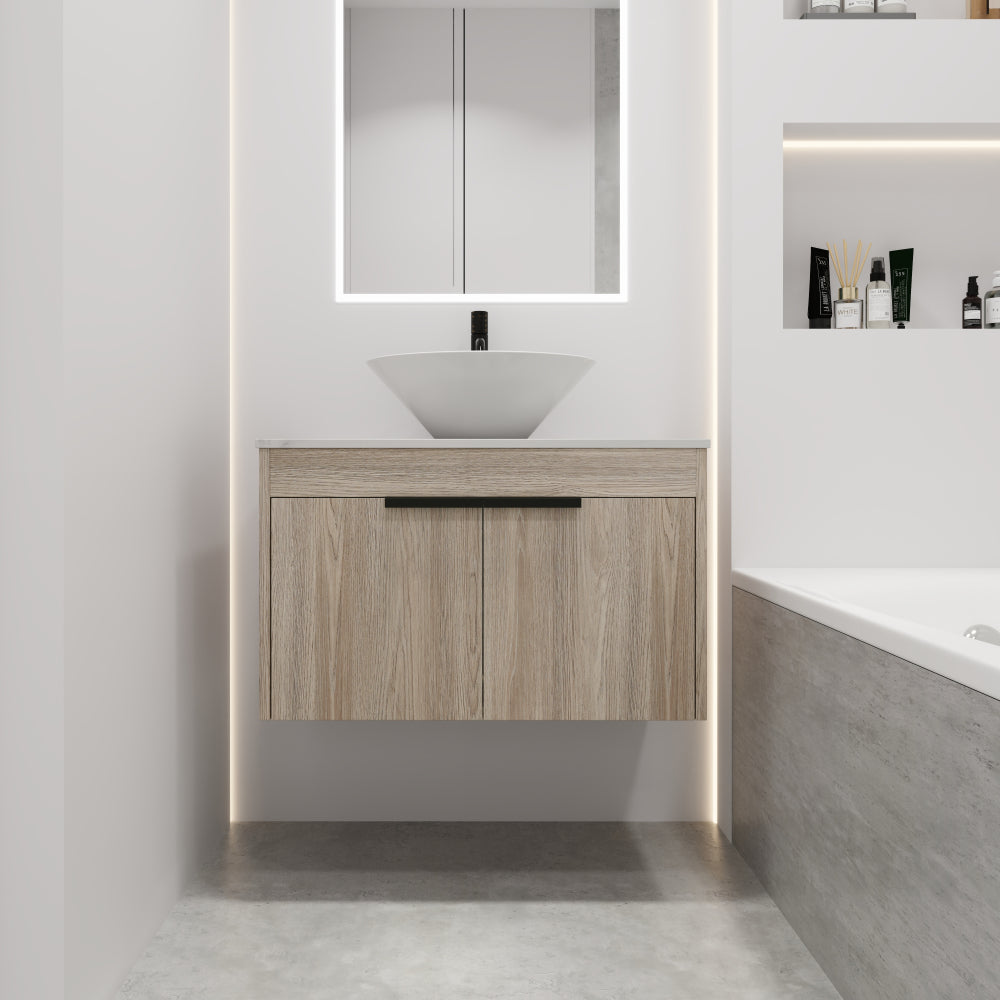 24 " Modern Design Float Bathroom Vanity With Ceramic Basin Set, Wall Mounted White Oak Vanity With Soft Close Door,KD-Packing,KD-Packing,2 Pieces Parcel(TOP-BAB110MOWH)