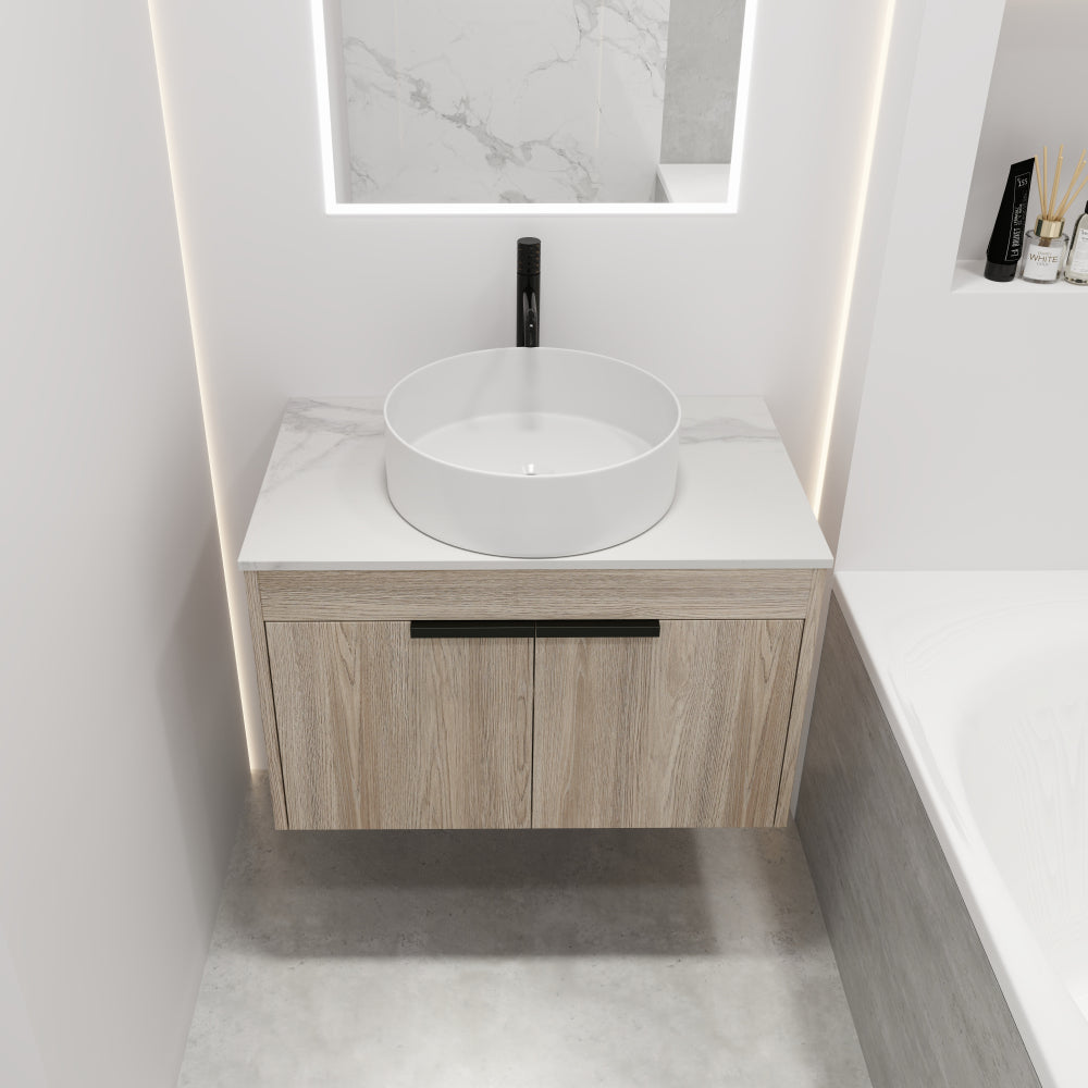 30 " Modern Design Float Bathroom Vanity With Ceramic Basin Set, Wall Mounted White Oak Vanity With Soft Close Door,KD-Packing,KD-Packing,2 Pieces Parcel(TOP-BAB400MOWH)