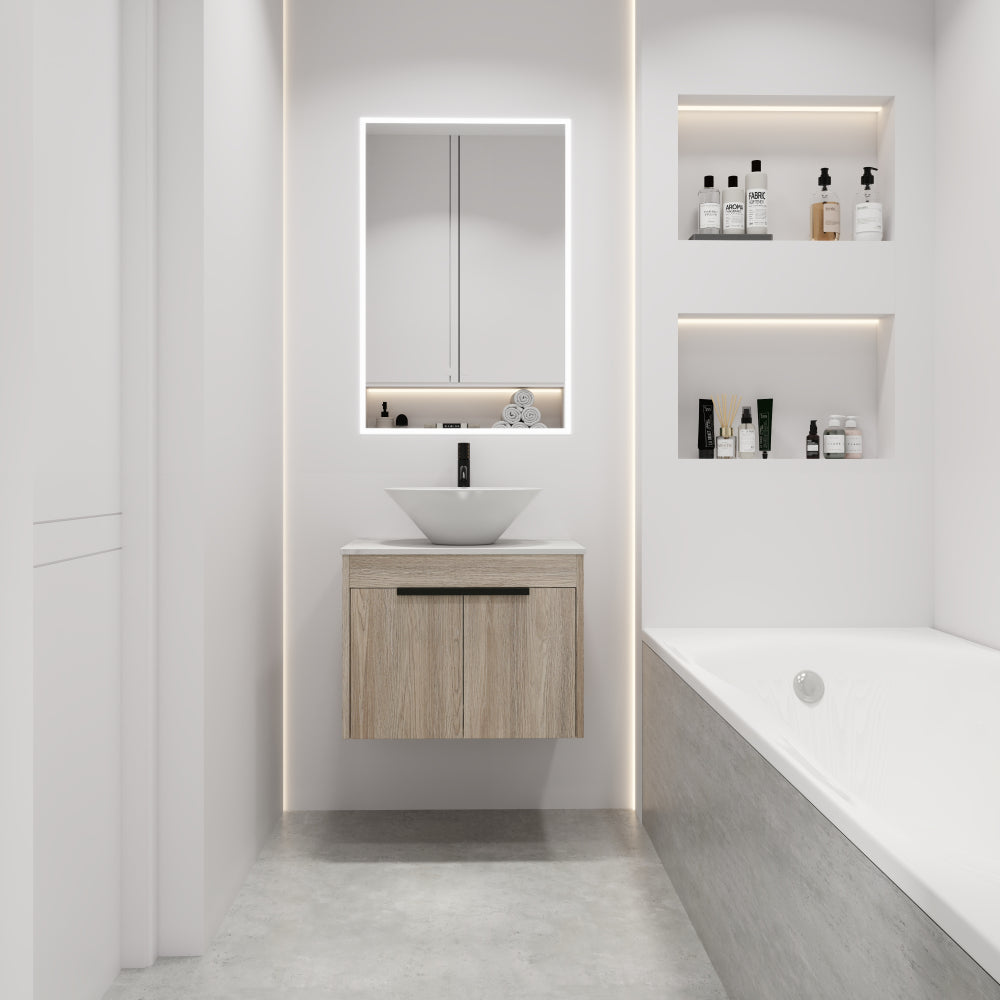 24 " Modern Design Float Bathroom Vanity With Ceramic Basin Set, Wall Mounted White Oak Vanity With Soft Close Door,KD-Packing,KD-Packing,2 Pieces Parcel(TOP-BAB110MOWH)