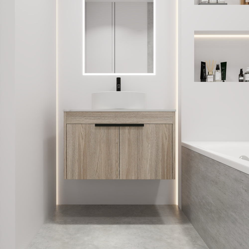 30 " Modern Design Float Bathroom Vanity With Ceramic Basin Set, Wall Mounted White Oak Vanity With Soft Close Door,KD-Packing,KD-Packing,2 Pieces Parcel(TOP-BAB400MOWH)