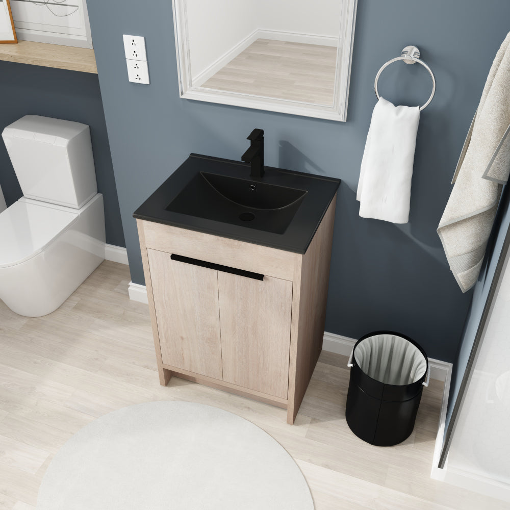 24 Inch Freestanding Bathroom Vanity with Black Ceramic Sink & 2 Soft-Close Cabinet Doors (BVB02424PLO-G-BL9060BK),W1286S00016