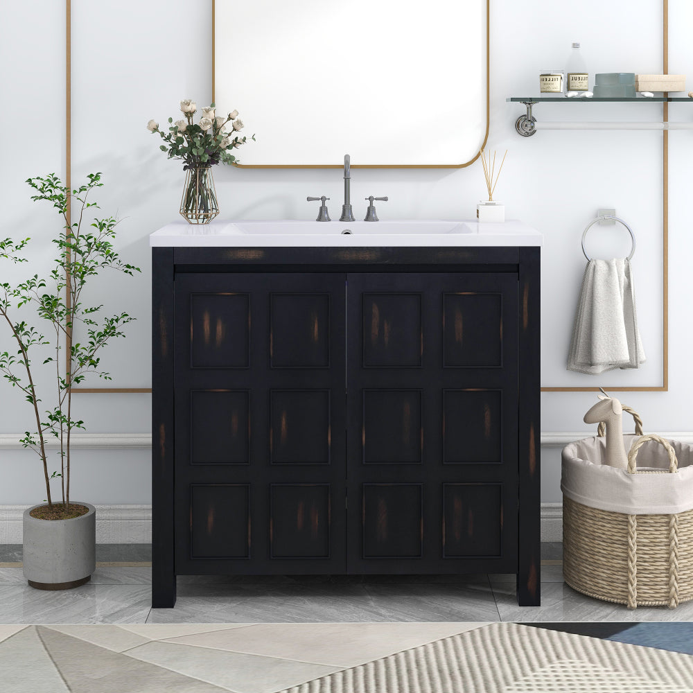 24x18x34 Inches Vintage Style Small Bathroom Vanity Combo with Ceramic Sink, 2 Soft-close Doors
