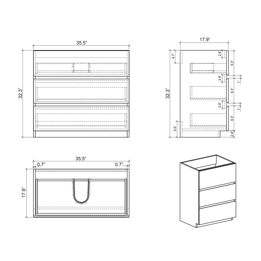 Alice-36F-102,Floor cabinet WITHOUT basin, Gray color, With three drawers, Pre-assembled