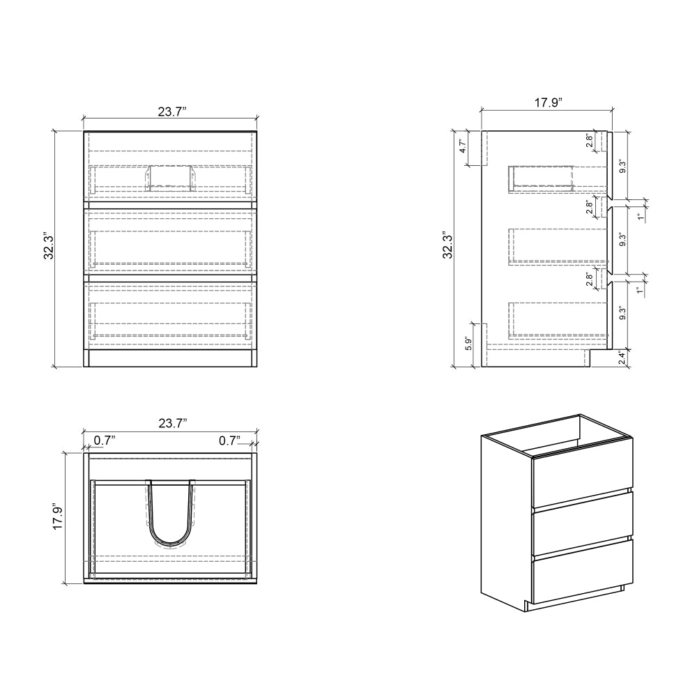 Melamine cabinet Alice-24F-102,Floor cabinet WITHOUT basin, Gray color, With three drawers, Pre-assembled