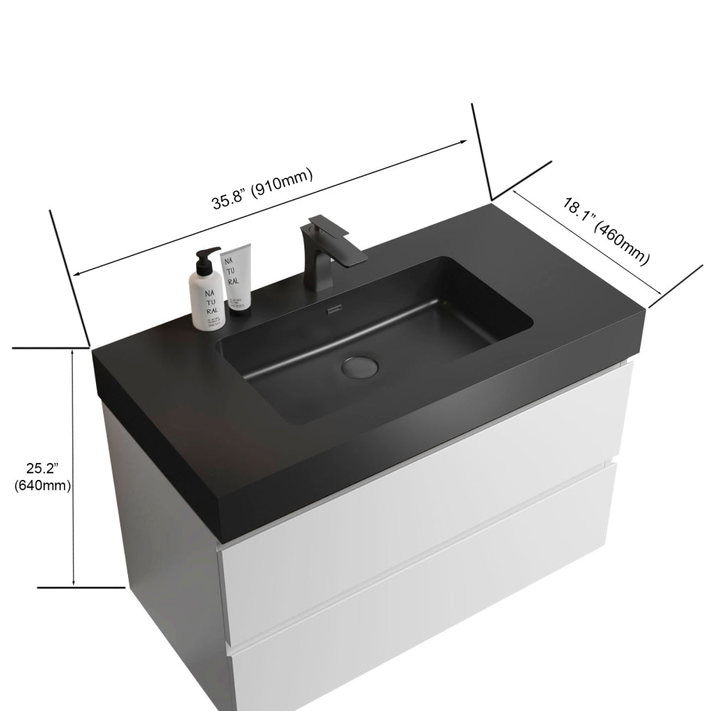 Alice 36" White Bathroom Vanity with Sink, Large Storage Wall Mounted Floating Bathroom Vanity for Modern Bathroom, One-Piece Black Sink Basin without Drain and Faucet, Pre-assembled