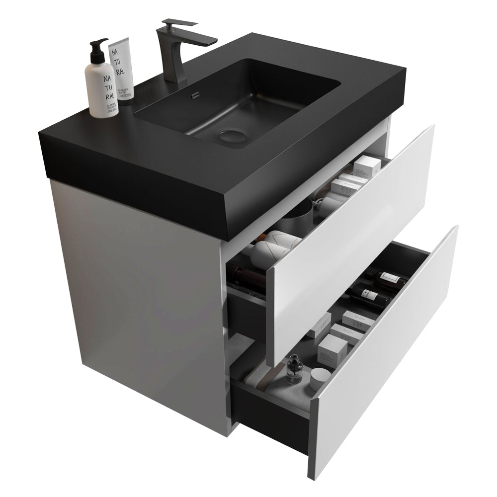 Alice 36" White Bathroom Vanity with Sink, Large Storage Wall Mounted Floating Bathroom Vanity for Modern Bathroom, One-Piece Black Sink Basin without Drain and Faucet, Pre-assembled