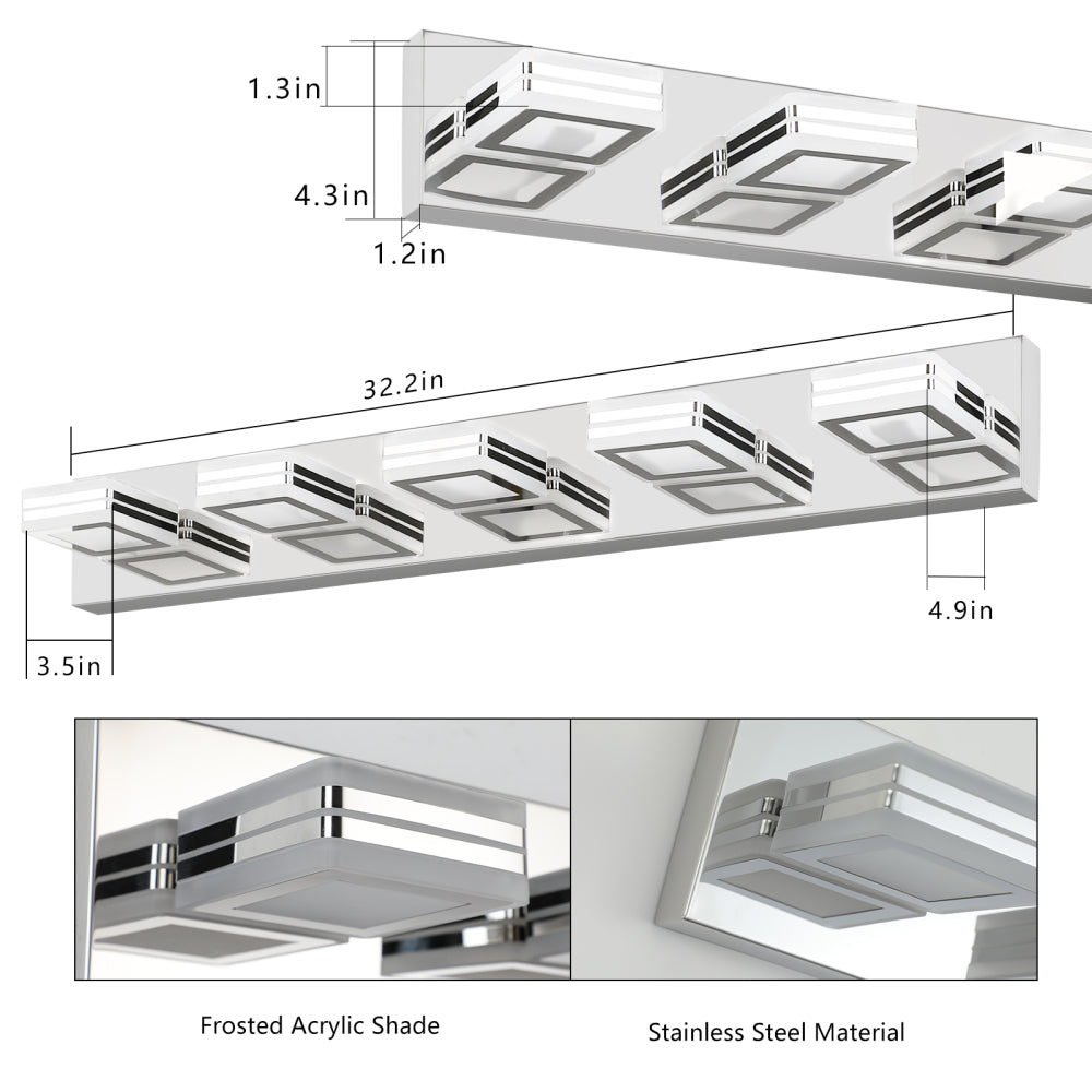 (Same as W1340103888/L2006) 32" Modern Chrome 5-Light LED Vanity Light, Square Acrylic Lampshades Wall Mount Fixture for Bathroom, Mirror Lighting