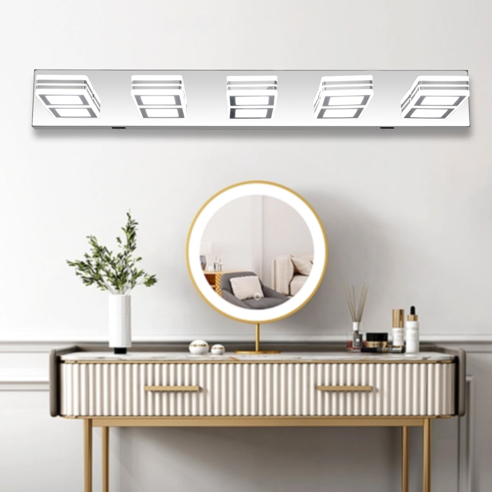 (Same as W1340103888/L2006) 32" Modern Chrome 5-Light LED Vanity Light, Square Acrylic Lampshades Wall Mount Fixture for Bathroom, Mirror Lighting