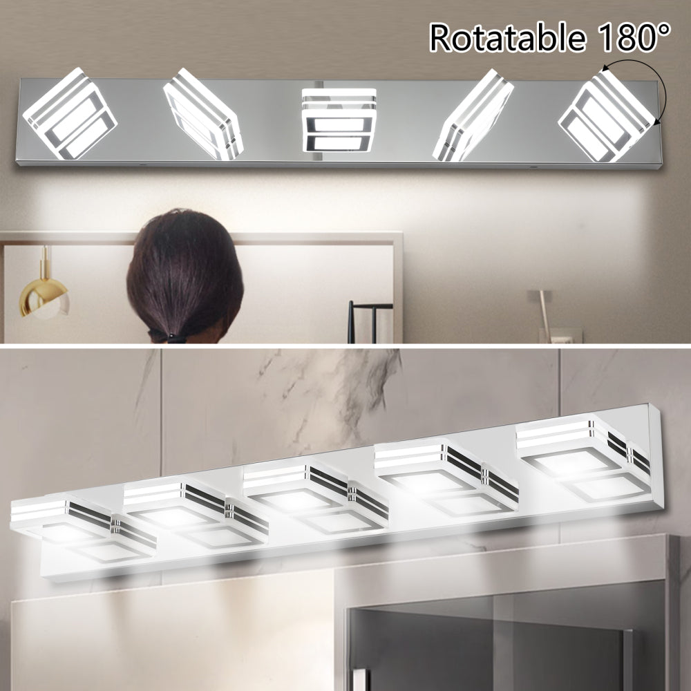 (Same as W1340103888/L2006) 32" Modern Chrome 5-Light LED Vanity Light, Square Acrylic Lampshades Wall Mount Fixture for Bathroom, Mirror Lighting