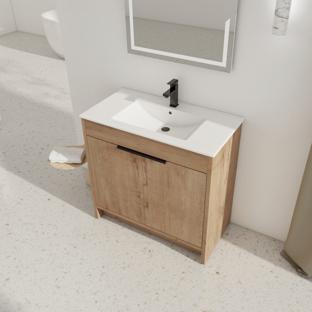 36" Freestanding Bathroom Vanity with White Ceramic Sink & 2 Soft-Close Cabinet Doors ((KD-PACKING),BVB02436IMO-F-BL9090B