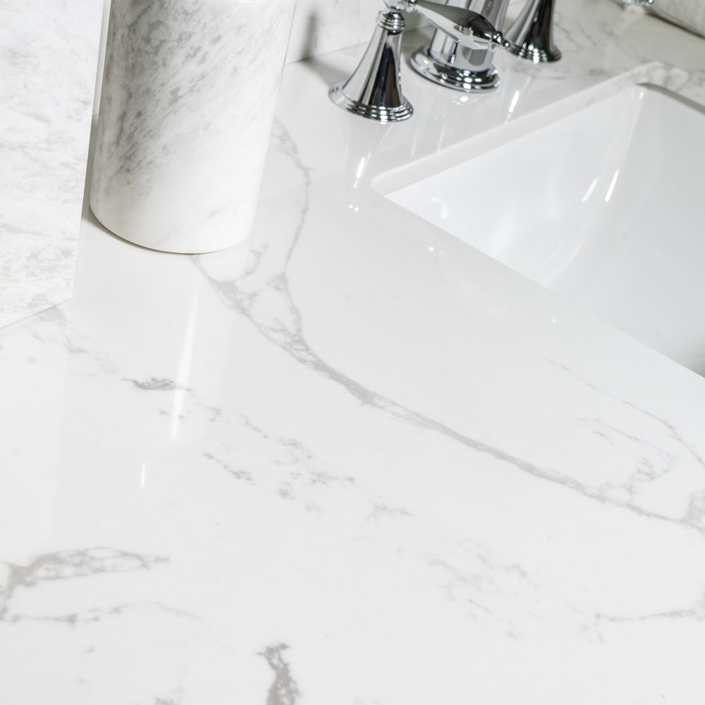 Montary 43x22 bathroom stone vanity top engineered stone carrara white marble color with rectangle undermount ceramic sink and 3 faucet hole with back splash .