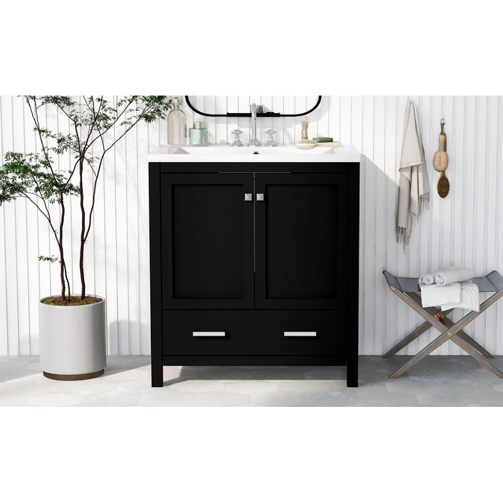 30" Black Bathroom Vanity with Single Sink, Combo Cabinet Undermount Sink, Bathroom Storage Cabinet with 2 Doors and a Drawer, Soft Closing, Multifunctional Storage, Solid Wood Frame