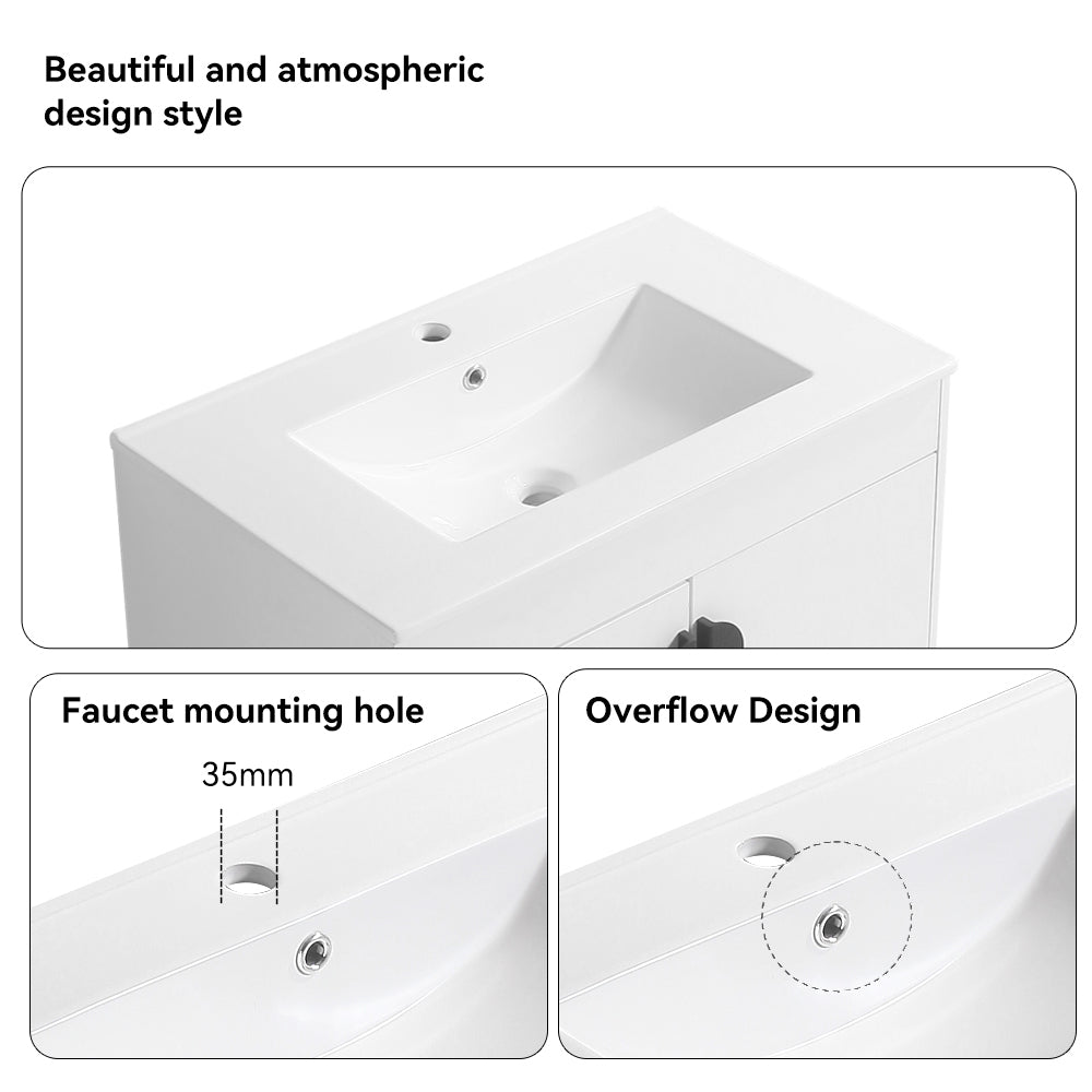 24" Bathroom Vanity,with White Ceramic Basin,Two Cabinet Doors with black zinc alloy handles,Solid Wood,Excluding faucets,white