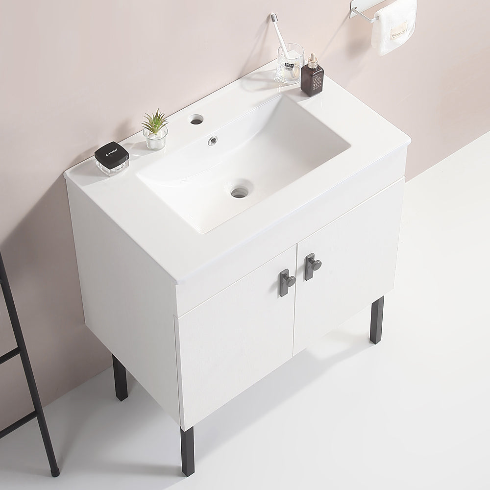 24" Bathroom Vanity with Metal Leg,with White Ceramic Basin,Two Soft Close Cabinet Doors, Solid Wood,Excluding faucets,white