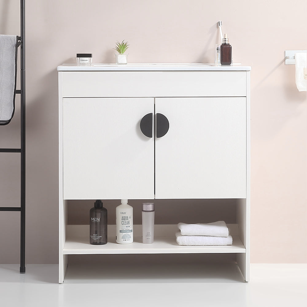 24" Bathroom Vanity,with White Ceramic Basin,Two Cabinet Doors withMetal Handle ,Solid Wood,Excluding faucets,Black