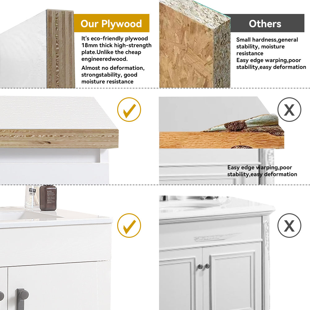 24" Bathroom Vanity with Metal Leg,with White Ceramic Basin,Two Soft Close Cabinet Doors, Solid Wood,Excluding faucets,white