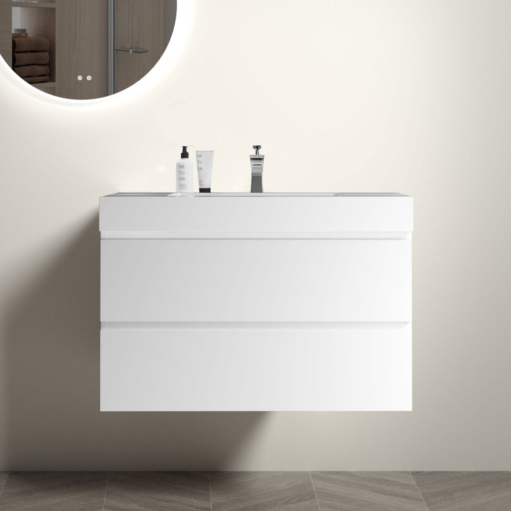 U042-Alice36-106 Alice 36" Oak Bathroom Vanity with Black Sink, Large Storage Wall Mounted Floating Bathroom Vanity for Modern Bathroom, One-Piece Black Sink Basin without Drain, Pre-assembled