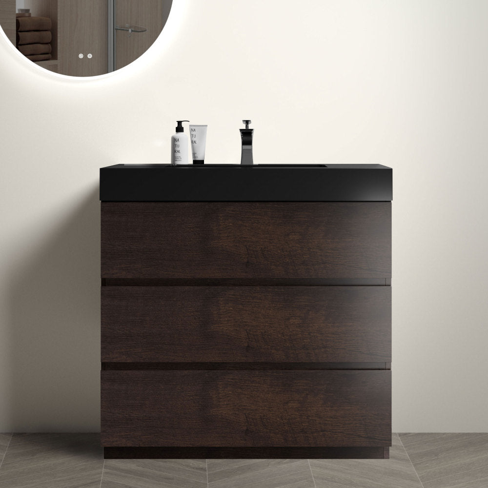 Alice 36" Walnut Bathroom Vanity with Sink, Large Storage Freestanding Bathroom Vanity for Modern Bathroom, One-Piece White Sink Basin without Drain and Faucet, Pre-assembled