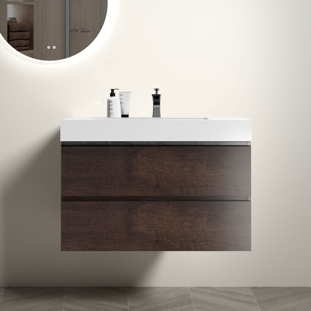 U042-Alice36-106 Alice 36" Oak Bathroom Vanity with Black Sink, Large Storage Wall Mounted Floating Bathroom Vanity for Modern Bathroom, One-Piece Black Sink Basin without Drain, Pre-assembled