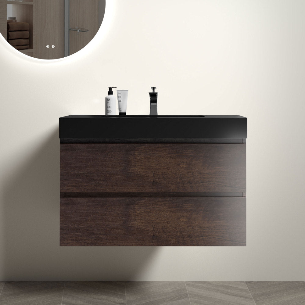 U042-Alice36-106 Alice 36" Oak Bathroom Vanity with Black Sink, Large Storage Wall Mounted Floating Bathroom Vanity for Modern Bathroom, One-Piece Black Sink Basin without Drain, Pre-assembled