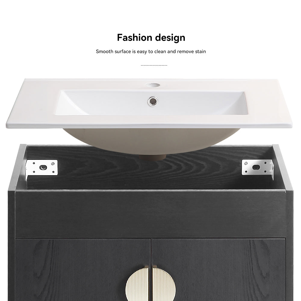 24" Bathroom Vanity,with White Ceramic Basin,Two Cabinet Doors withMetal Handle ,Solid Wood,Excluding faucets,Black