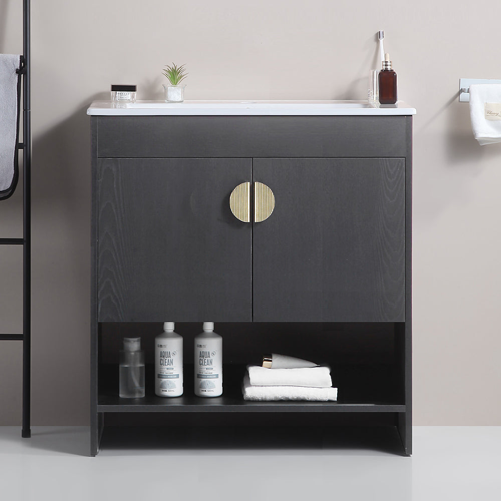 24" Bathroom Vanity,with White Ceramic Basin,Two Cabinet Doors with black zinc alloy handles,Solid Wood,Excluding faucets,white